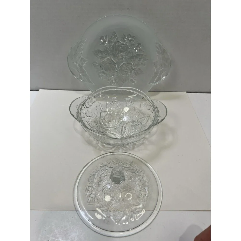 Vintage Pressed Roses Glass Candy  Dish Jar Lid 5 1/2” Underplate Frosted 8”